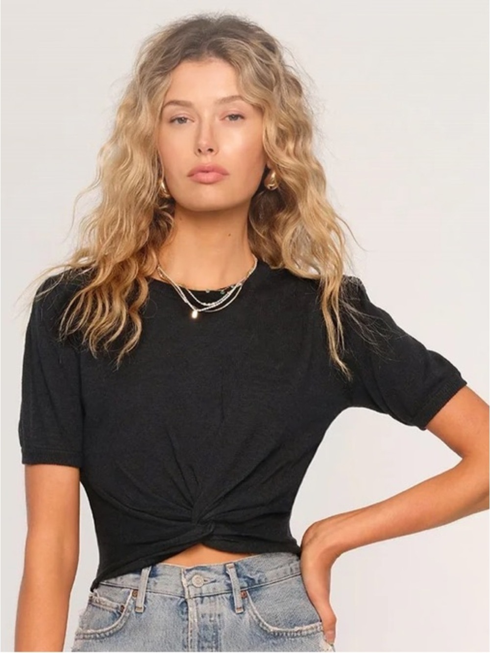 Heartloom Robinson Top Black Knot-Front Short Sleeve Crop NWT